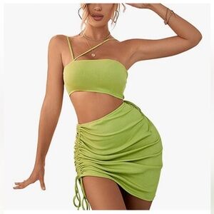 Shein Green Cut Out Waist Ruched Drawstring Mini Dress Size M